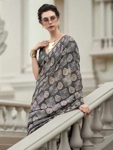 Lovely Grey Printed Mal Mal Silk Event Wear Saree With Blouse